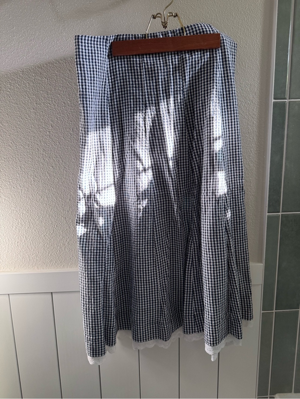American Eagle Gingham Midi Skirt with Lace Trim - Navy/White
